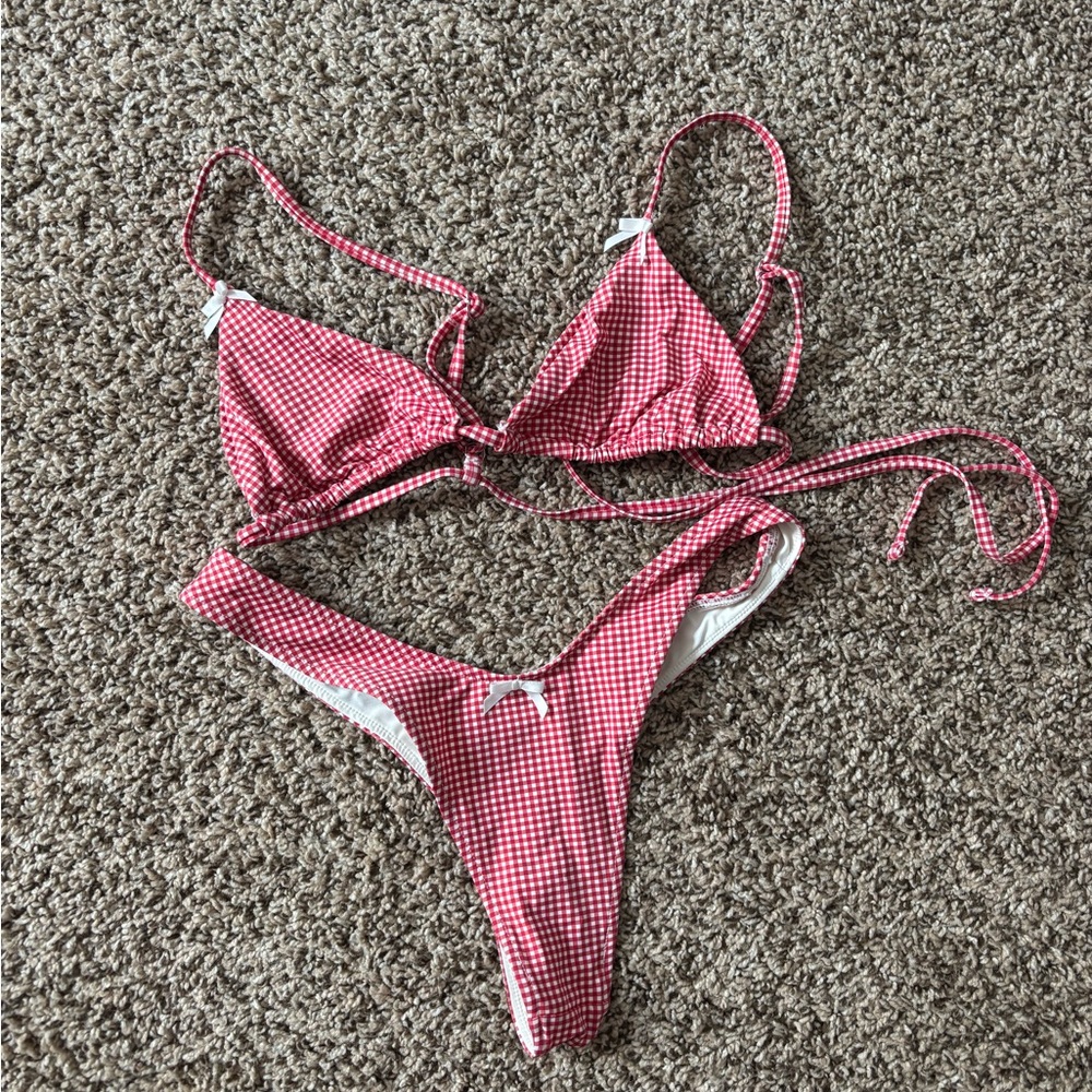 frankie’s bikinis ladybug gingham set
